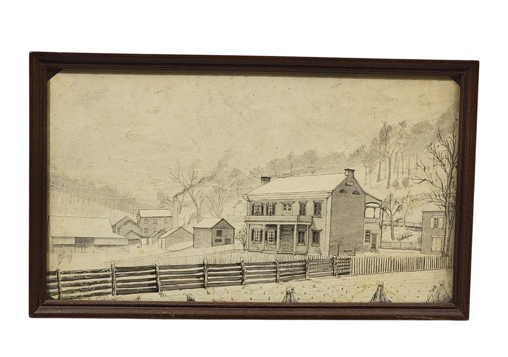 PORTRAIT OF JONATHAN LARGE HOMESTEAD & DISTILLERY: Pennsylvania, 1880, ink and wash on rag paper. A finely rendered farm scene in a snowy valley, featuring a Federal-style, five-bay residence with half-round gable windows, a front porch, and a two-sto
