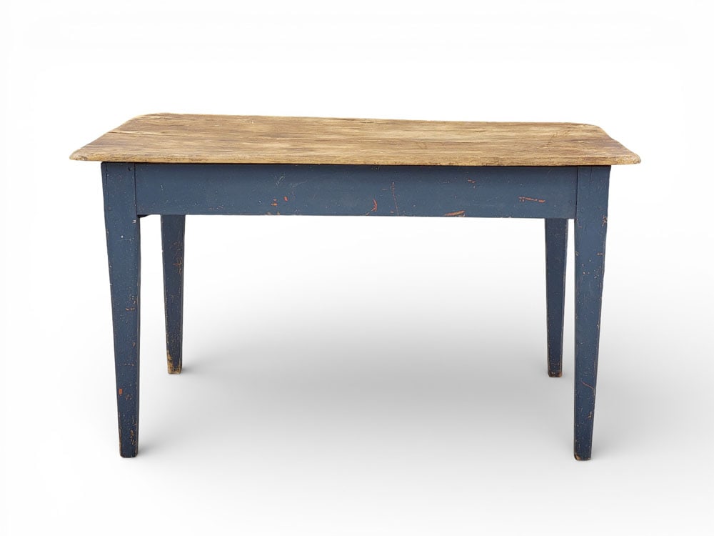 WORK TABLE: American, 19th century. Work table, with plain top with rounded edges and corners. Legs with old blue paint over earlier red paint. 30" high, 54" long, 36" wide. Provenance: an Ohio collection. NOTE: 