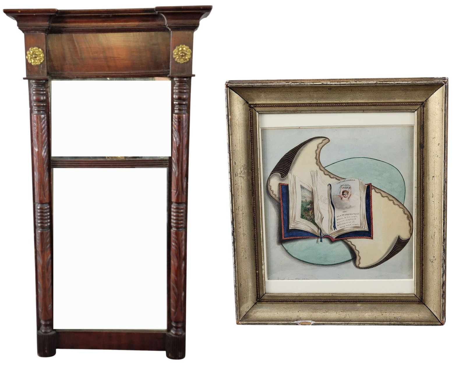 CLASSICAL MIRROR & WATERCOLOR: A double-sided frame with an 1834 album page, signature illegible. Obverse has a finely-executed watercolor scene of a book entitled "Taylor's Poems," open to an "Ode on a Waxen Cupid," from "Poems on