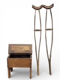 SHOESHINE BOX AND PAIR OF CRUTCHES