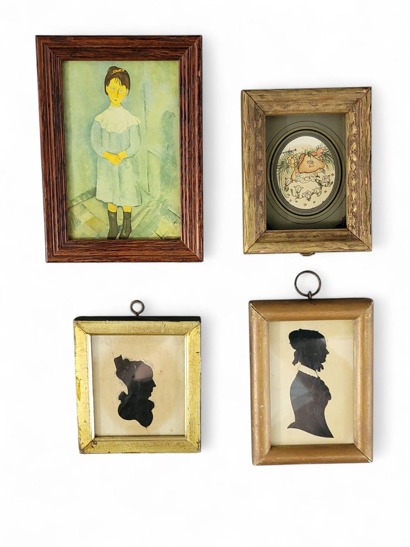 FOUR SMALL FRAMED ARTWORKS: American, 19th and early 20th centuries, mixed media on paper. Four small framed artworks. Two mid-19th century silhouettes of women, one with remnants of studio label on back. A watercolor of a girl