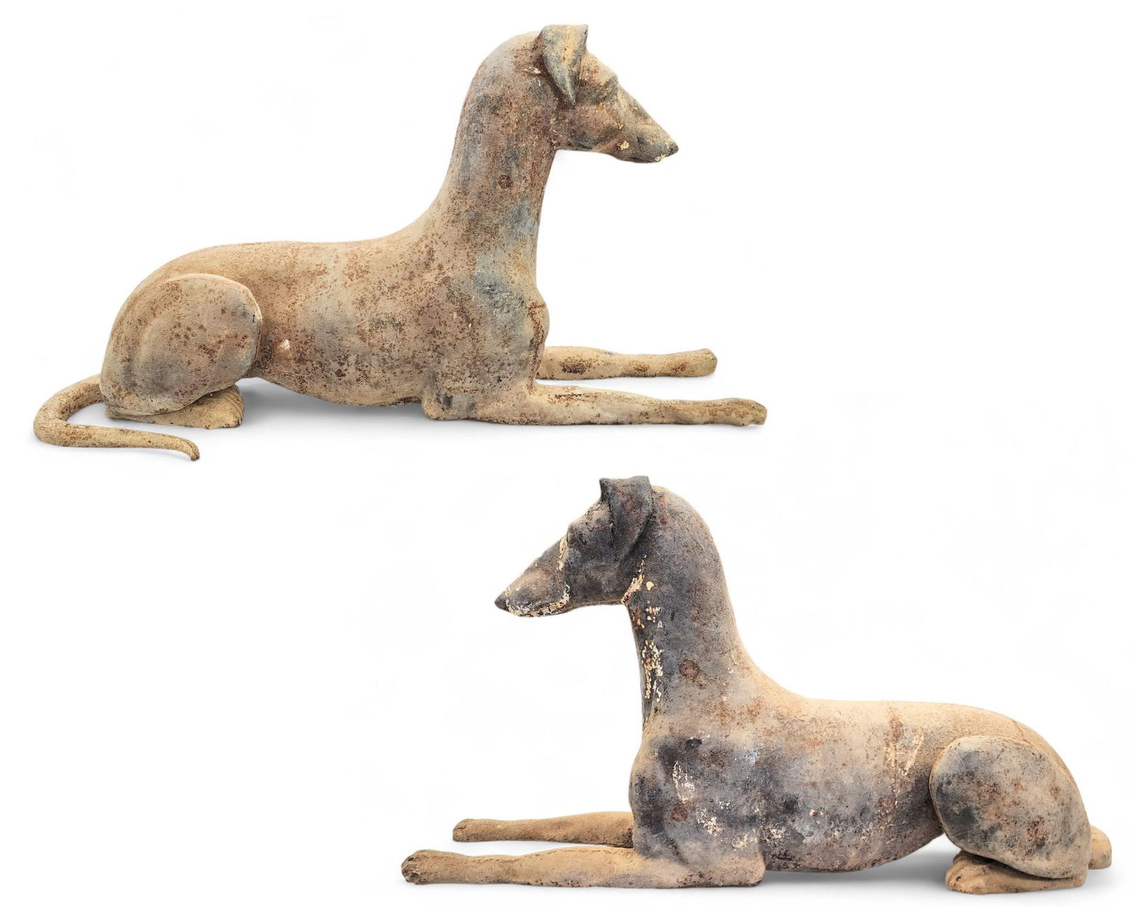 PAIR OF CAST IRON GREYHOUNDS: Attributed to Robert Wood, Philadelphia, c. 1875. Life size, with wonderful profiles. 48" long. Ex Jim Dawson (Kentucky); ex Clifton Anderson (Kentucky); ex Fred Giampietro (Connecticut); ex Llangolle