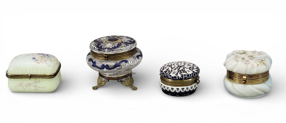 FOUR GLASS DRESSER BOXES: 19th century, glass and brass. Four glass dresser boxes with brass fittings and painted and enameled surfaces. Two Monroe Wave Crest painted glass, one Moser enameled glass, one unidentified enameled
