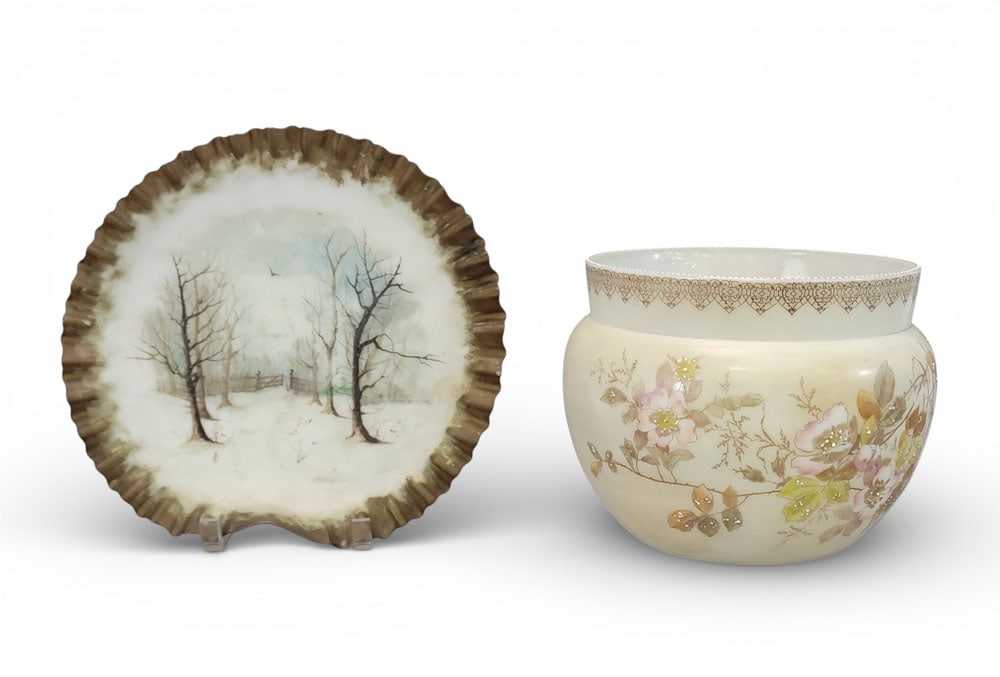 TWO PIECES OF HANDPAINTED ART GLASS: New England, late 19th or early 20th century. Two pieces of hand-painted art glass. A Wave Crest opaline jardinere by C. F. Monroe, with wild rose pattern, unmarked. And a Mount Washington Glass Co. s