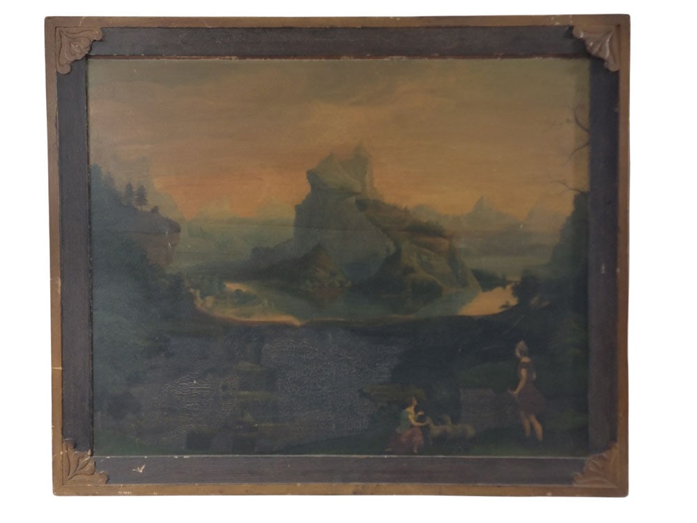 FOLKY LANDSCAPE: American, 19th century, oil on board. Romantic landscape with two figures in the foreground and mountains in the background. In its original carved and painted frame. 27.5" high, 34.25" wide (sight);