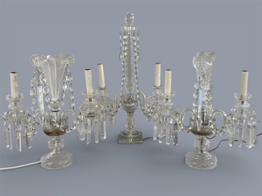 THREE CRYSTAL TWO-LIGHT ELECTRIC CANDELABRAS