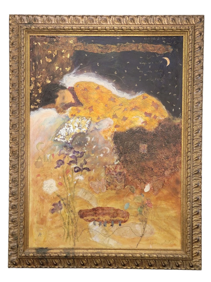 ROY FAIRCHILD-WOODARD (BRITISH, B. 1953), "LONGING - EMBELLISHED": Roy Fairchild-Woodard (British, born 1953), mixed media. Entitled "Longing - Embellished" (4/85), scene with a woman asleep in a richly patterned, dreamlike setting, inspired by Klimt and Schiele. Tex