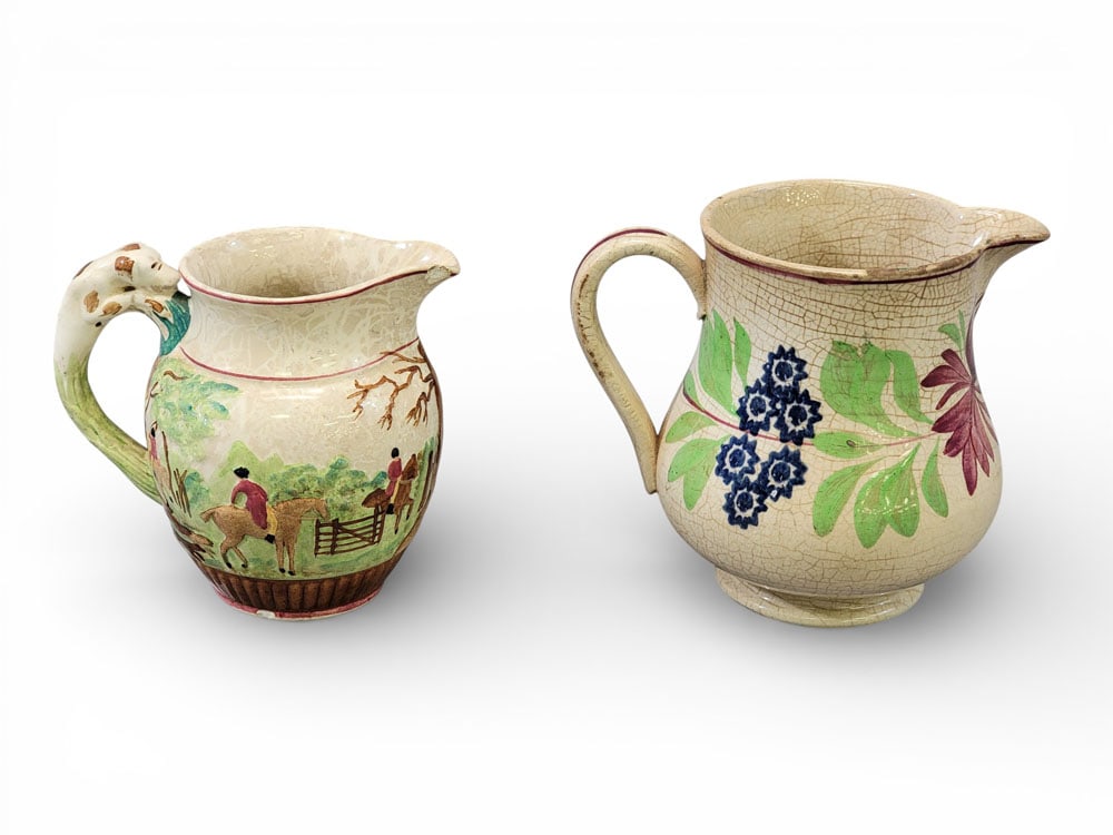 ASSORTMENT OF ENGLISH TABLEWARE: Mostly English, 19th century. An assortment of English tableware including: a miniature lusterware pitcher with cobalt band on copper body; 6 Wood & Sons "Bird of Paradise" plates, c. 1917; a Dutch st