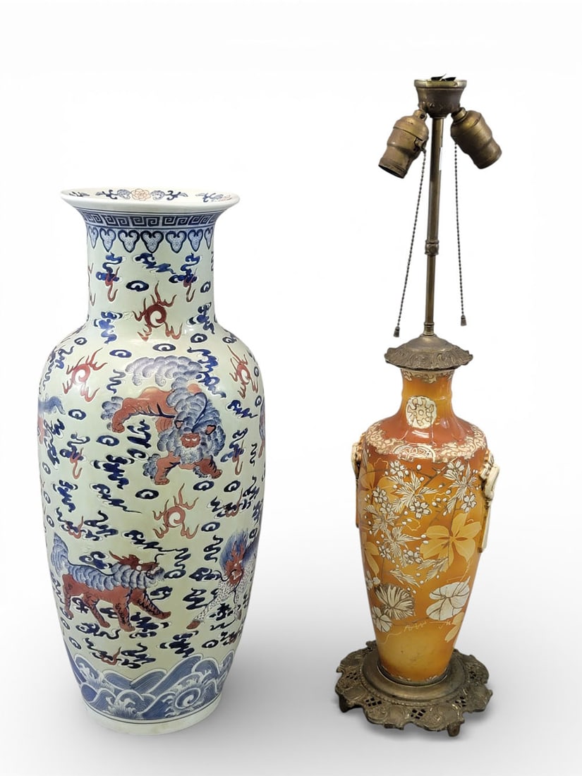 TWO ASIAN VASES: China and Japan, late 19th and 20th centuries, porcelain and brass. Two vases: one large Chinese vase with dragon design, with an apocryphal Quianlong seal on the bottom; the other a Japanese Satsuma-