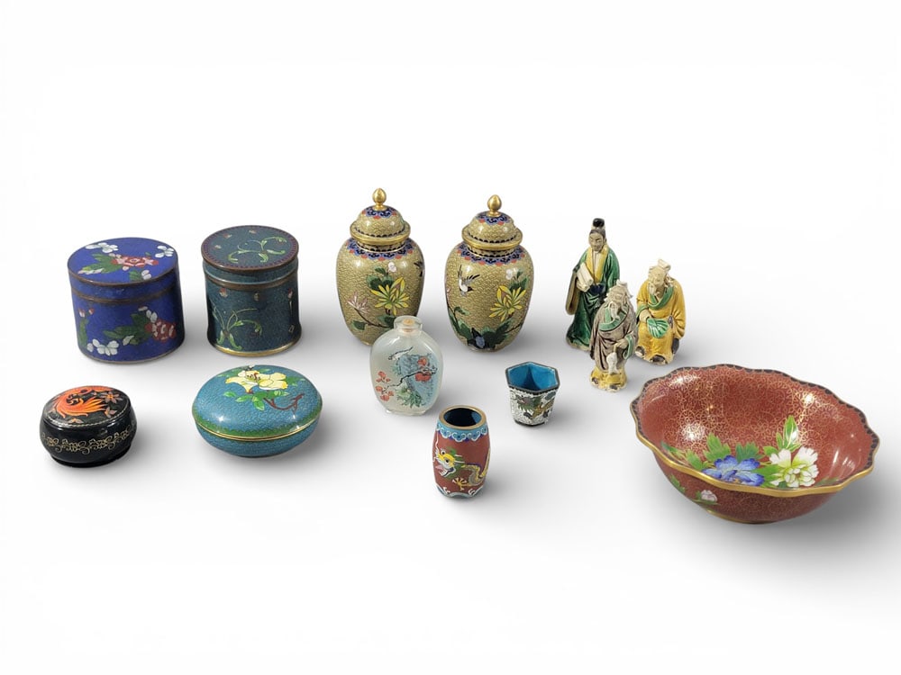 COLLECTION OF CHINESE DECOR: 19th century. A collection of Chinese decor. 9 cloisonne vessels, a small sealed bottle with interior painted with scenes of a mountain village and a bird in branches, and 3 ceramic scholar figurines.