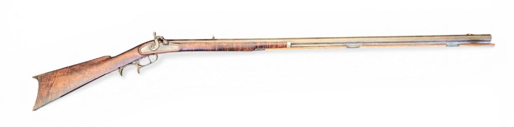 OHIO TARGET RIFLE: Lock marked for Howell Gano & Co., Cincinnati, 1850-1870. Curly maple half-stock, 40cal, 41" octagonal barrel, with sights. 57" long overall. See Hutslar, Ohio Gunsmiths and Allied Tradesmen, v. II, p