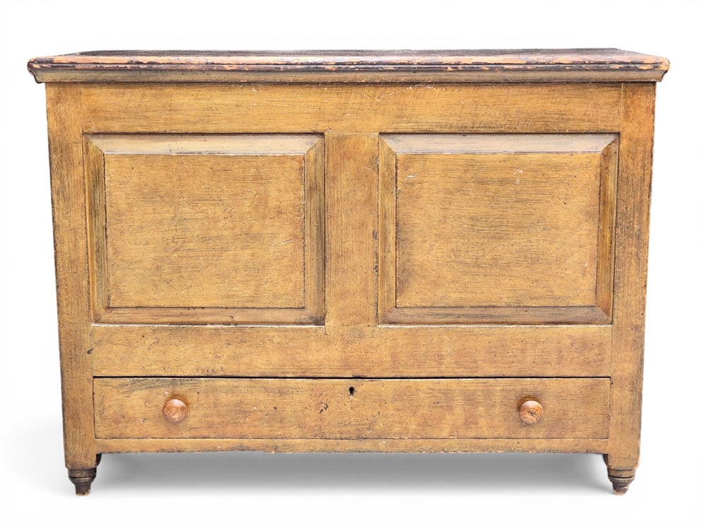 DECORATED BLANKET CHEST: Pennsylvania or Midwestern, 1st half-19th century, pine. Paneled construction with one drawer,and its original red and yellow paint. 27.75" high, 38.25" wide, 19.25" deep. Provenance: an Ohio