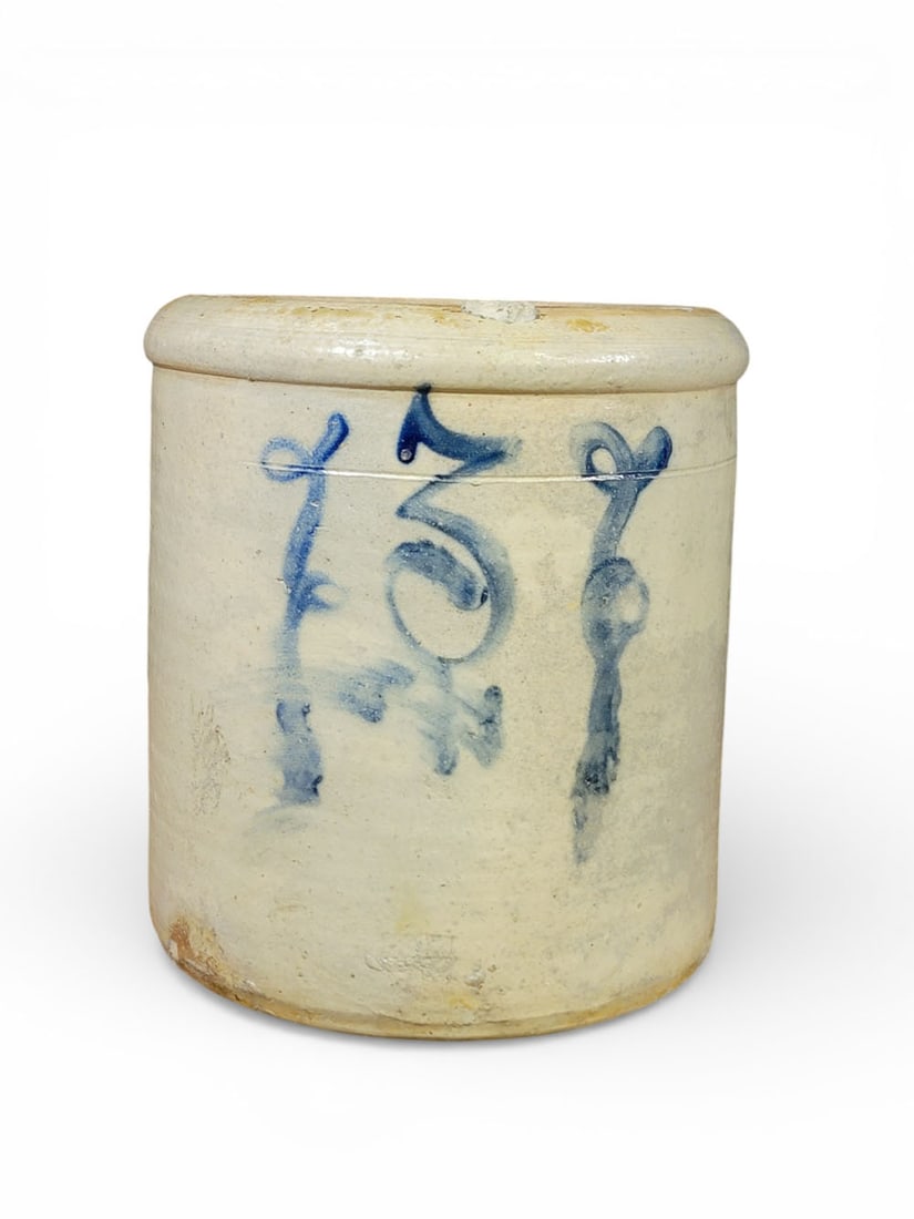 OHIO DECORATED STONEWARE CROCK: Muskingum County, 2nd half-19th century. Three-gallon crock with applied handles and freehand cobalt decoration. 11" high. Provenance: a West Virginia collection. NOTE: We are happy to answer