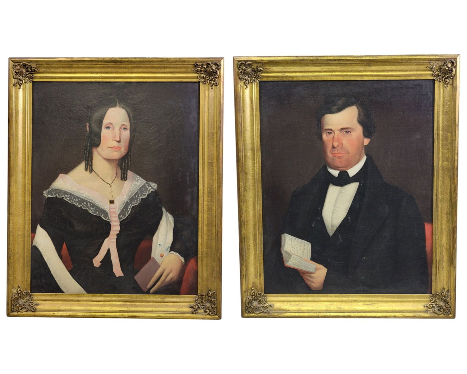 PAIR OF OHIO PORTRAITS: Huron County, c. 1830, oils on canvas. Identified on the back as Lamon and Julia Harkness. She wears a black dress with pink ribbon and lace trim, he wears a black suit and holds a book. 28.5" high,
