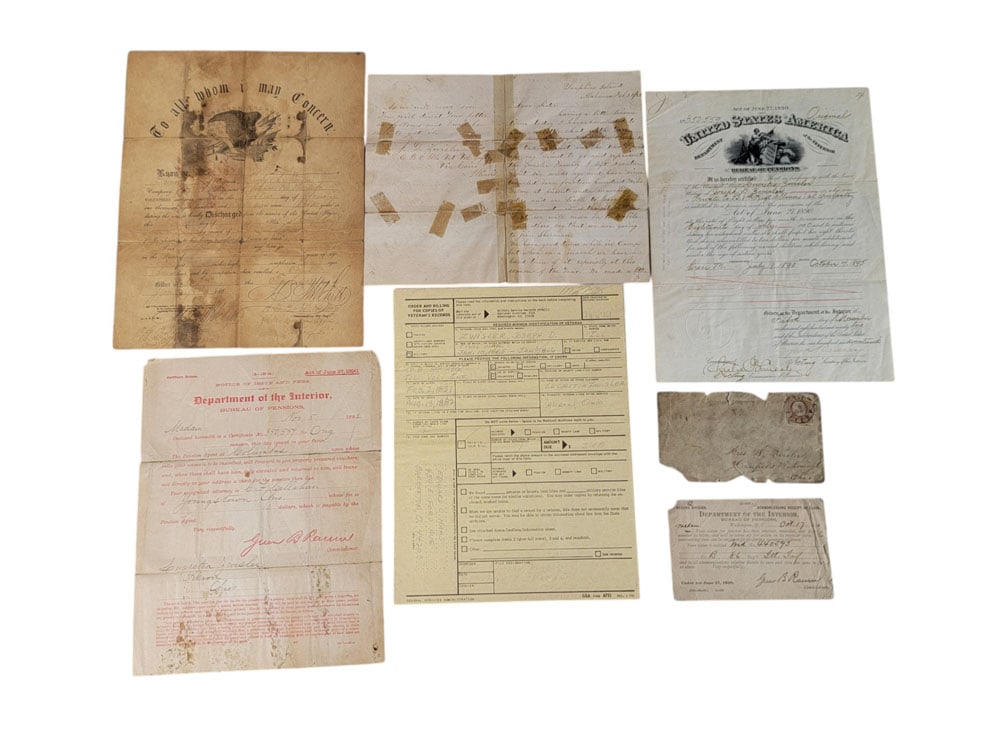 CIVIL WAR DOCUMENTS FOR AN ILLINOIS SOLDIER: Includes Discharge and pension documents for Joseph D. Zwisler (1837-1882), who served in Co. B, 8th Illinois Volunteer Infantry. Also includes photocopies of his enlistment form and muster rolls; as