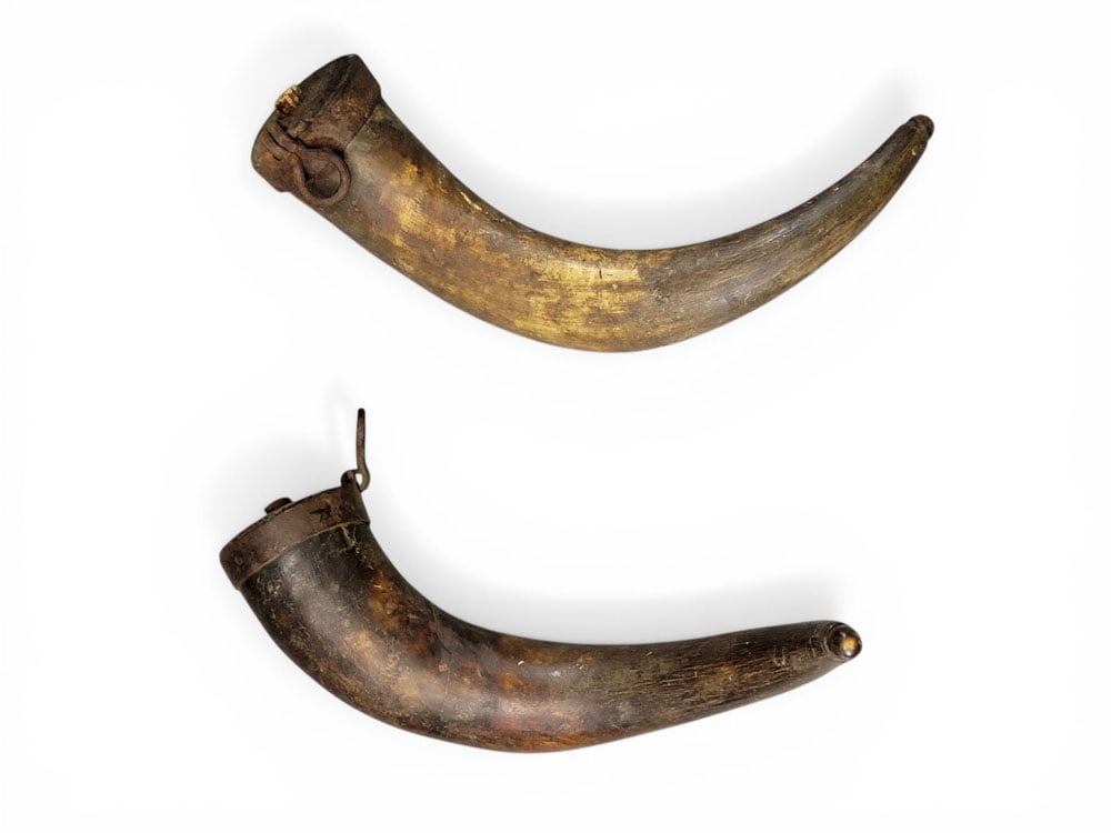 PAIR OF CONESTOGA GREASE HORNS: American, 1st half-19th century. 13.5" and 14" long. Provenance: a Midwestern collection. NOTE: We are happy to answer questions and take additional photos of lots prior to the auction (the sooner