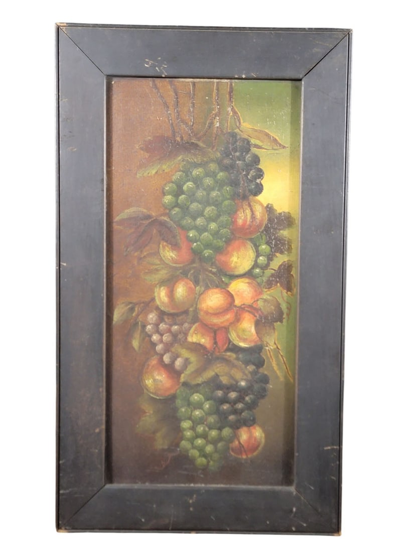 STILL LIFE WITH FRUIT: American, 19th century, oil on panel. Vertically oriented still life with grapes and peaches. 20.75" high, 9.75" wide (sight); 25.75" high, 14.75" wide (original frame). Provenance: an Ohio
