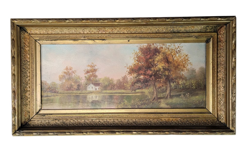 SEASONAL LANDSCAPE PAINTING WITH COTTAGE: American, late 19th century, oil on artist board. Charming landscape with waterside cottage. 9" high, 22" wide (image); 14.5" high, 27.5" wide (overall, period frame). Provenance: Collection of Bob an