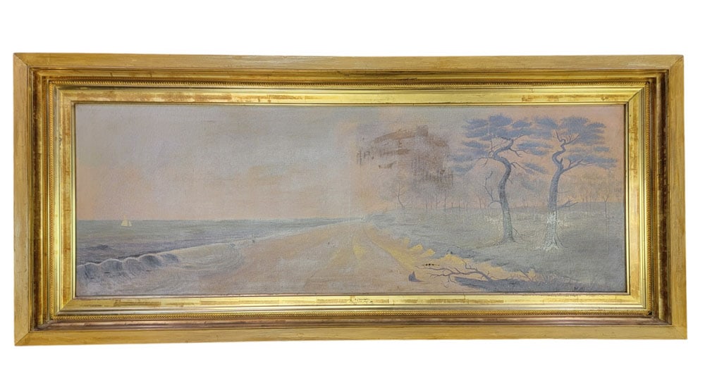 LARGE SHORELINE LANDSCAPE: American, early 20th century, oil on canvas. Panoramic landscape of shoreline with boat and figures. 18" high, 51.25" wide (painting); 25.5" high, 58.5" wide (original gilt frame). Provenance: