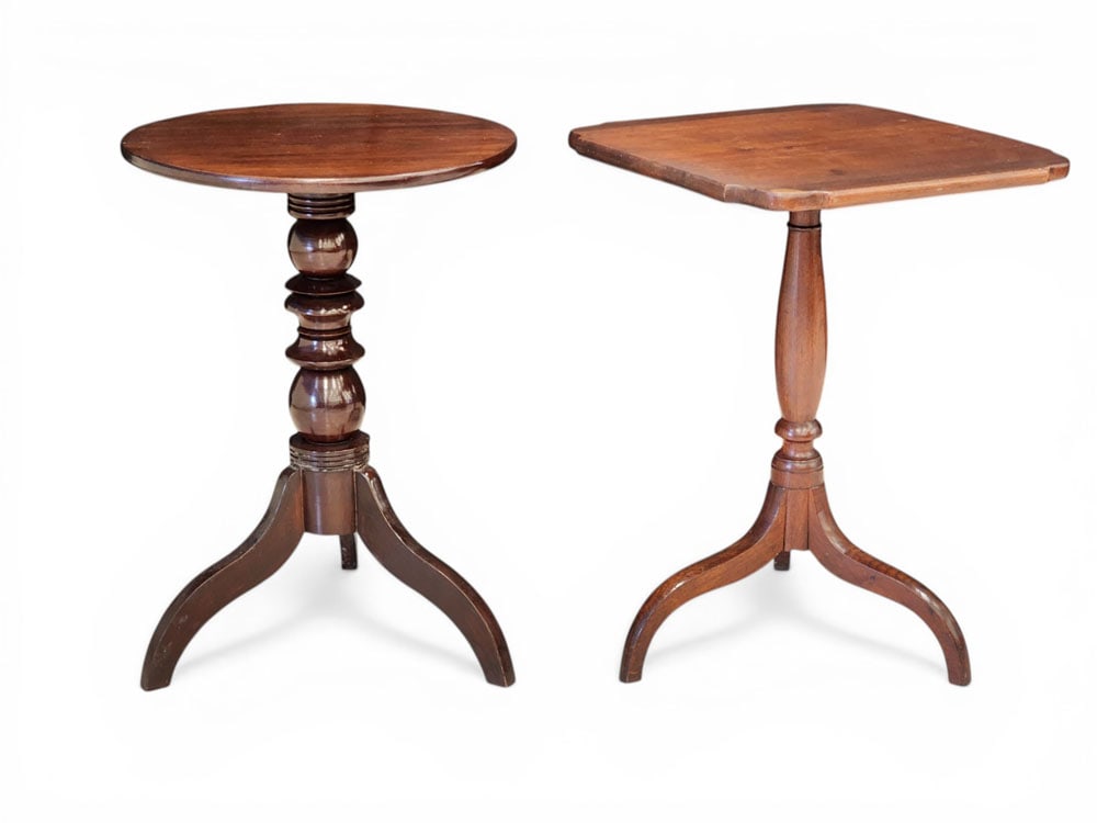 TWO FEDERAL CANDLESTANDS: American, early 19th century, mahogany. Both tilt-top. Round top, 26.75" high; square top with ovolo corners, 26.5" high. Provenance: Collection of Bob and Maxine Edwards, New Philadelphia, Ohio