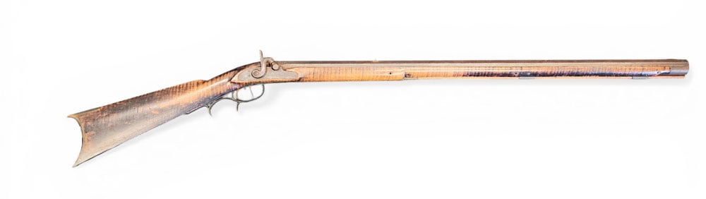 FULL STOCK CURLY MAPLE RIFLE: American, mid-19th century. 38cal, 34" octagonal barrel. 50" long overall. Provenance: Collection of Bob and Maxine Edwards, New Philadelphia, Ohio NOTE: We are happy to answer questions and take