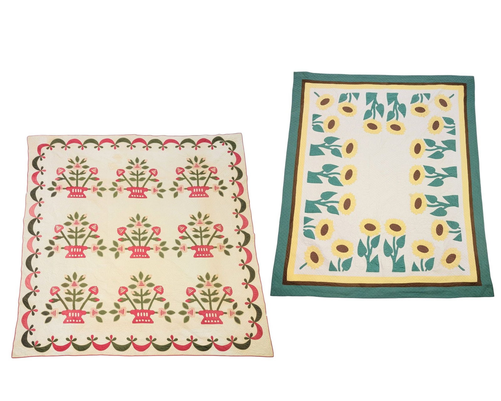 TWO APPLIQUE QUILTS: American. A late 19th-century quilt with flower baskets in red and green, 90" by 89"; together with an early 20th century quilt with sunflowers, 91" by 79". Provenance: Collection of Bob and Maxine