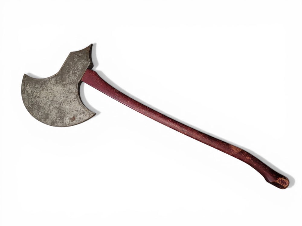 LODGE AXE: American, late 19th century. Wood handle with original red paint, and a tin head. 42" long. Provenance: an Ohio collection. NOTE: We are happy to answer questions and take additional photos of lots