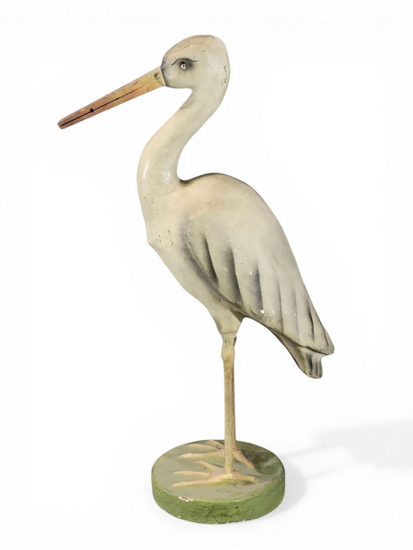 PAPIER MACHE STORK FIGURE: Early 20th century. Wood frame, papier mache, and gesso stork with its original paint. 25.5" high. Provenance: an Ohio collection. NOTE: We are happy to answer questions and take additional photos of