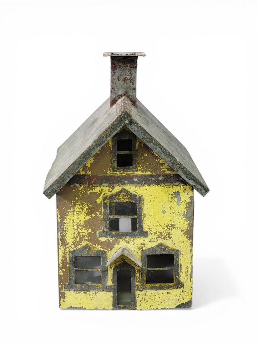PAINTED TIN HOUSE: American, 19th century. Birdhouse or exterior decor, with glass windows and its original green and yellow paint. 15" high, 9.5" wide, 12" long. Provenance: an Ohio collection. NOTE: We are happy to an