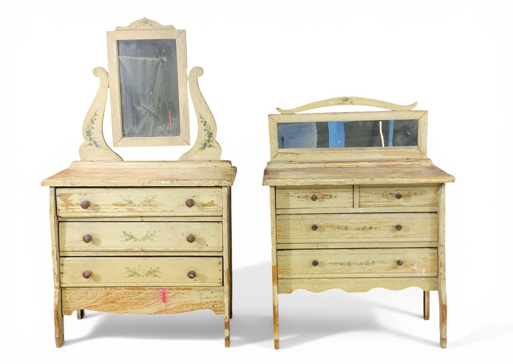 TWO MATCHING MINIATURE CHESTS OF DRAWERS: American, early 20th century. Two mirrored chests with matching cottage-style paint decoration. 35" and 25" high. Provenance: a West Virginia collection. NOTE: We are happy to answer questions and