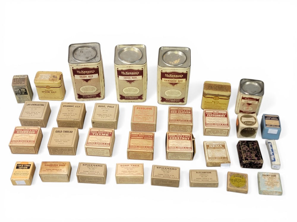 COLLECTION OF MEDICINE BOXES AND TINS: Mostly American, late 19th-mid-20th century. Mostly herbal remedies. Tall tins are 6" high. Provenance: an Ohio collection. NOTE: We are happy to answer questions and take additional photos of lots