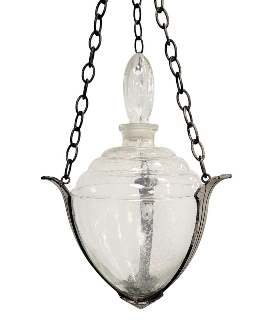 ART DECO APOTHECARY SHOW GLOBE: American, early 20th century, glass. With hollow stopper and Art Deco frame. Approx. 18" high (glass only). Provenance: an Ohio collection. NOTE: We are happy to answer questions and take additional