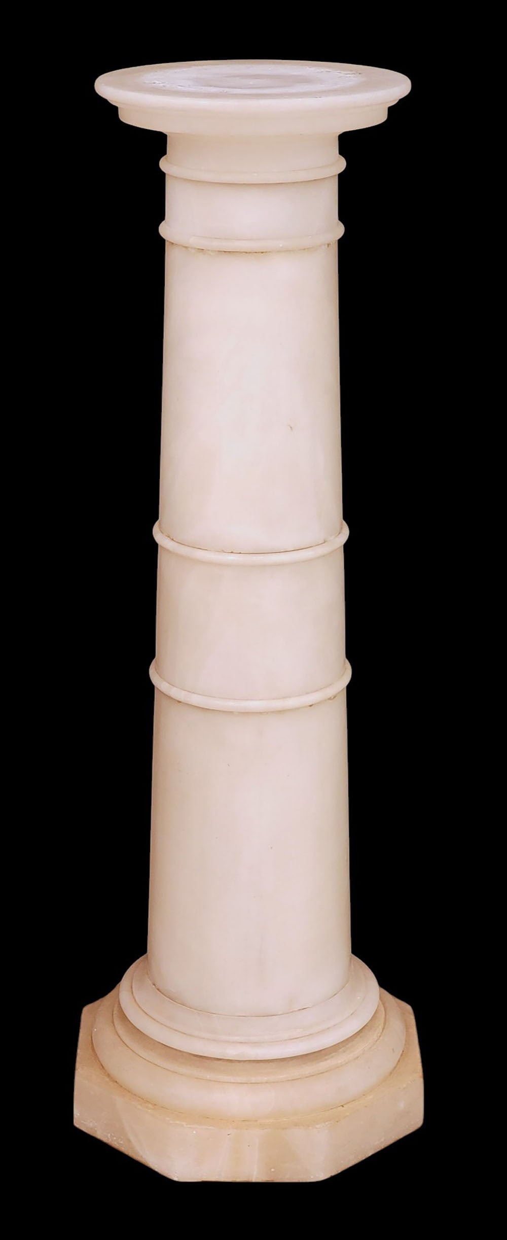 ALABASTER PEDESTAL: Early 20th century, alabaster with gray veining, two double-ring bands, round top. 43" high. Provenance: a southwest Ohio collection. NOTE: We are happy to answer questions and take additional photos
