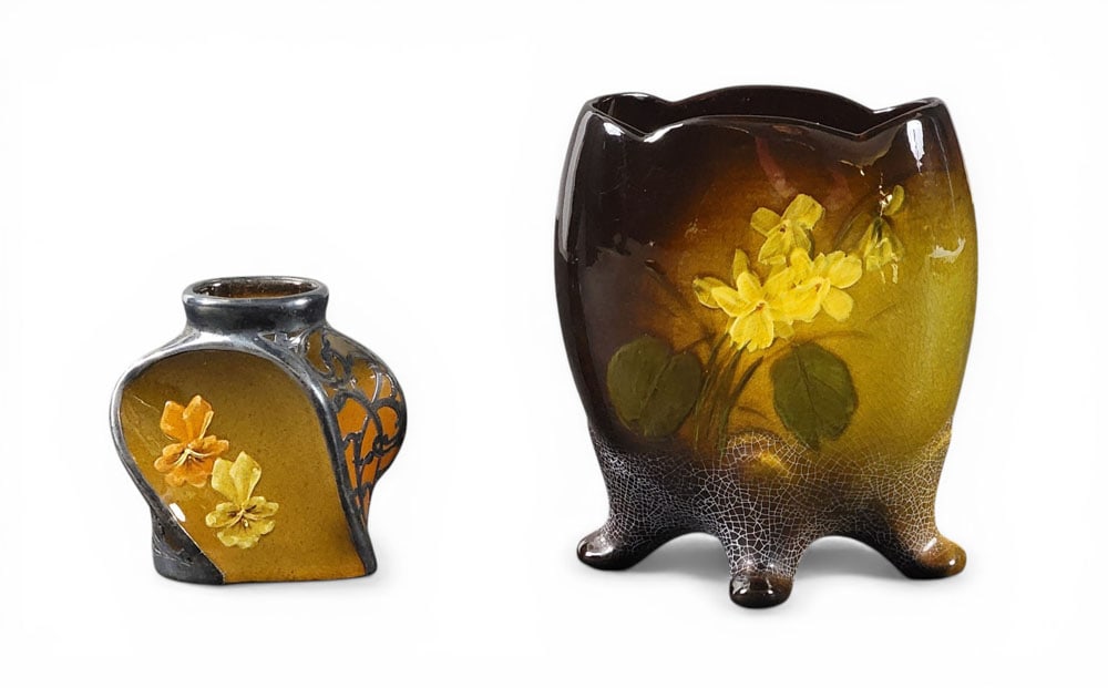 TWO J.B. OWENS UTOPIAN CABINET VASES: Zanesville, Ohio, late 19th-early 20th century. Two cabinet vases: a footed miniature pillow-type vase with floral decoration, marked with artist monogram "MW". 5.5" high; together with a "twisted"
