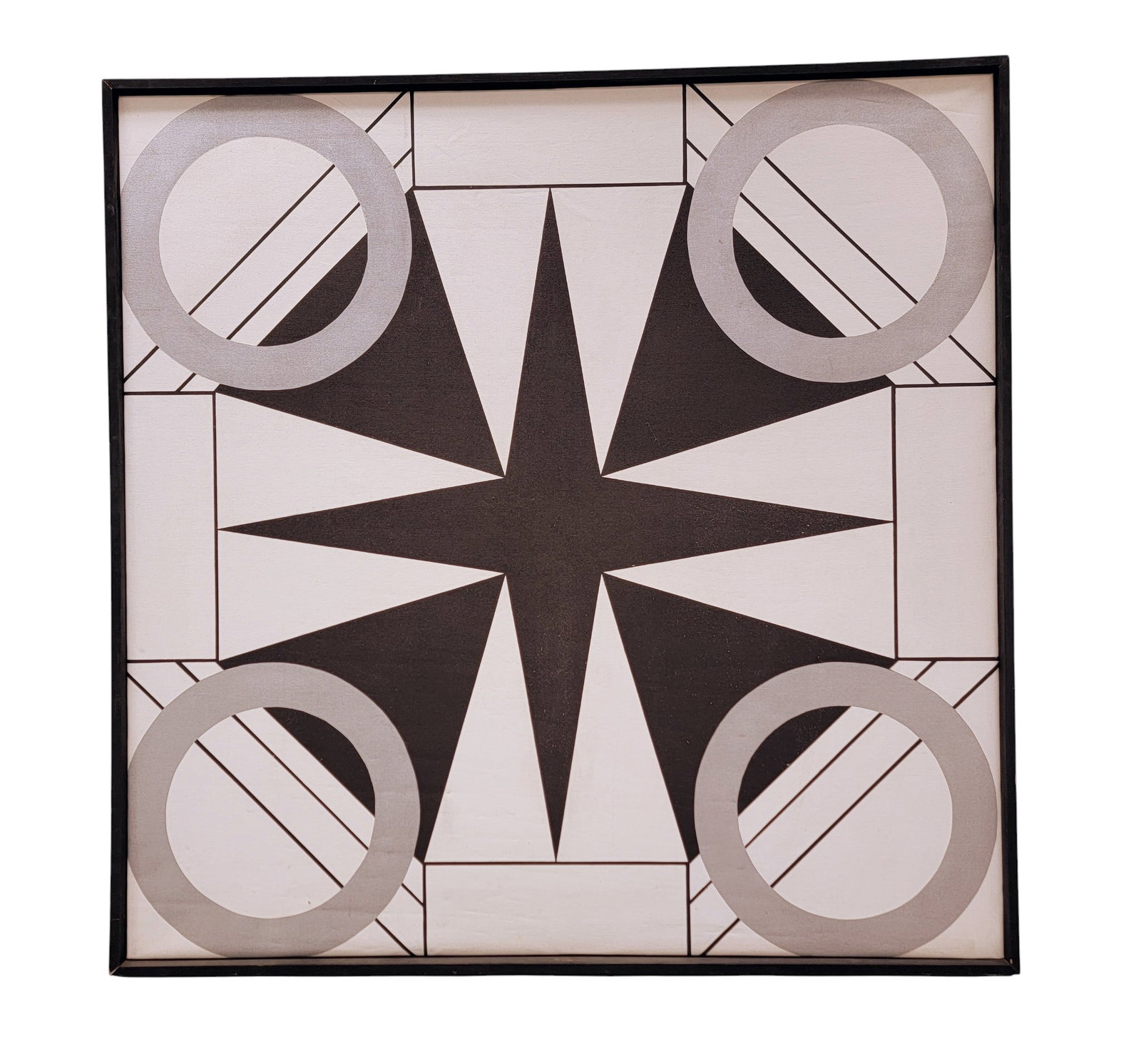 LARGE ABSTRACT BY CHRISTIAN DE BOSCHNEK (B. 1944): Oil on canvas. Large symmetrical, geometric work in black, white, and gray. Signed on verso and dated August, 1970. Framed. 64.5" square (overall). Provenance: an Ohio collection. NOTE: We are happy