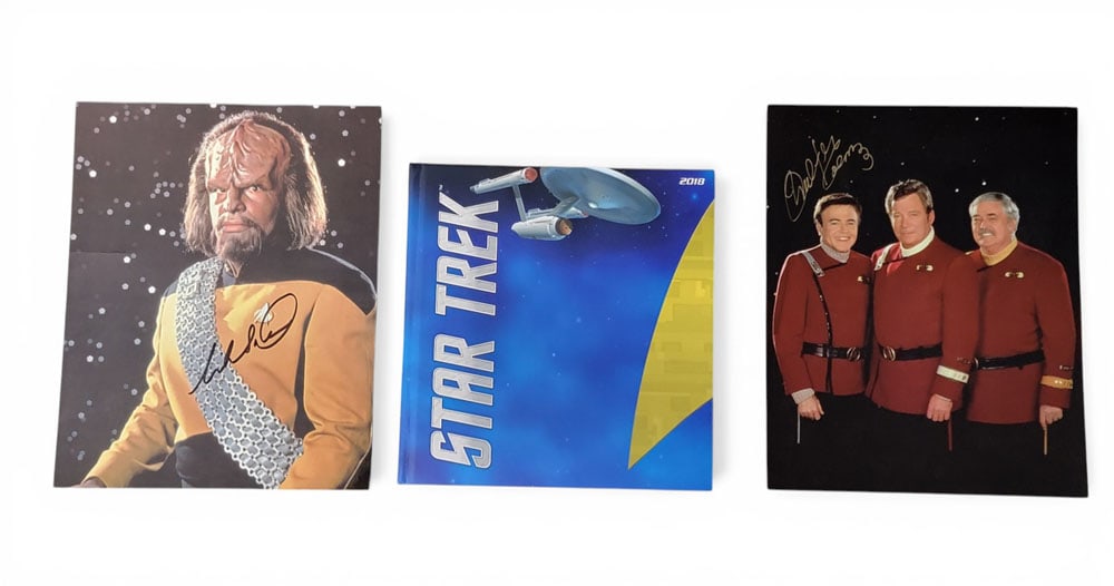 STAR TREK MEMORABILIA: Includes autographed photos of Michael Dorn (Worf, STNG), and Walter Koening (Chekov); together with a New Zealand Mint Star Trek Original Series 2018 foil collection book that includes 4 of 7 foils