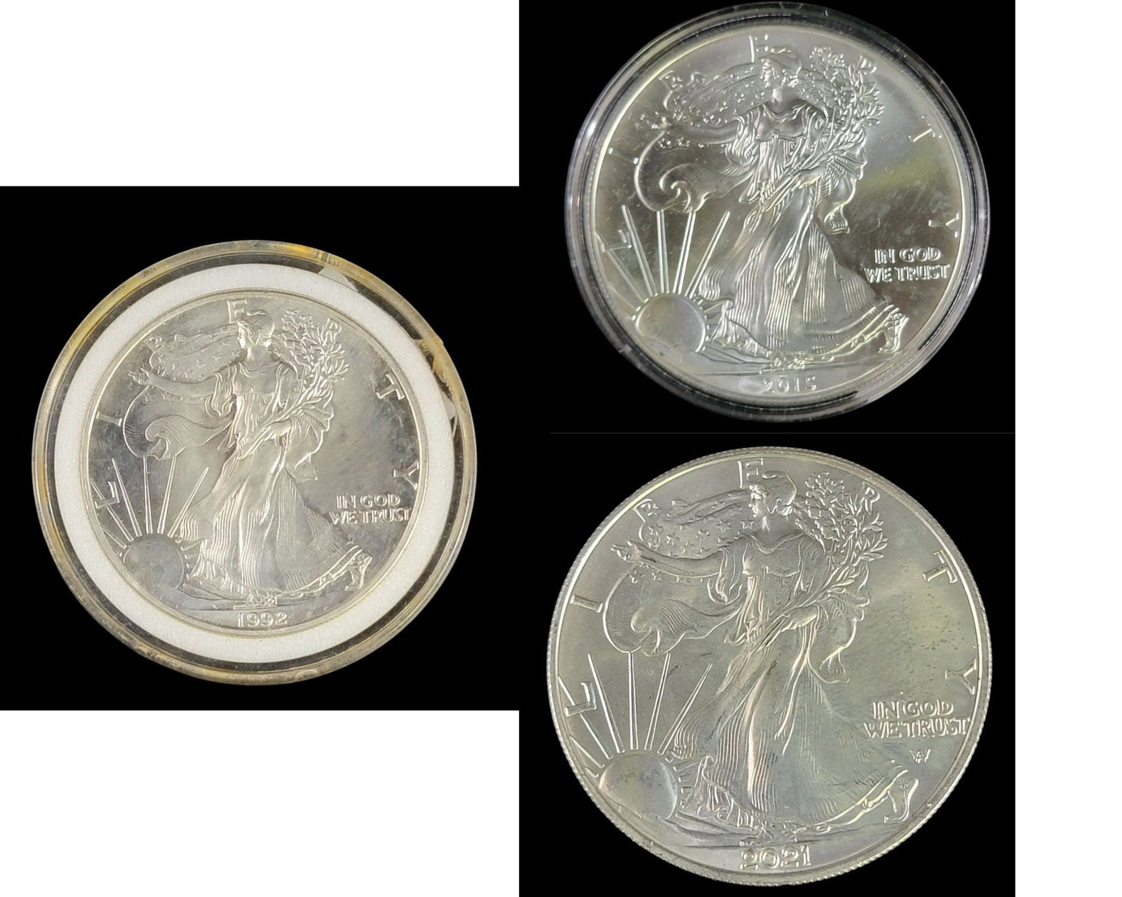 3 "FINE" SILVER EAGLE DOLLARS: 1992, 2015, 2021. Provenance: an Ohio collection. NOTE: We are happy to answer questions and take additional photos of lots prior to the auction (the sooner submitted the better). Any updates or new p