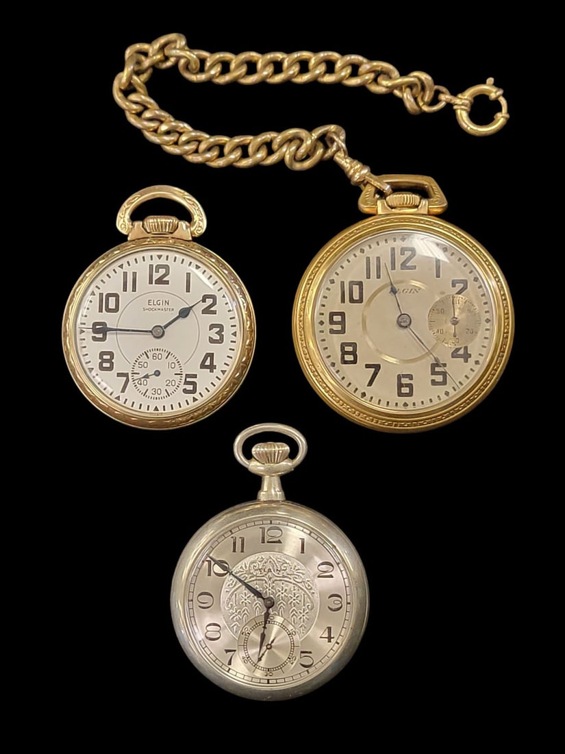 THREE ELGIN POCKET WATCHES (1 of 10)