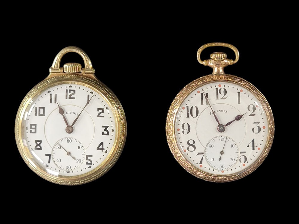 TWO ILLINOIS OPEN-FACE POCKETWATCHES: Both open-face; one 17j, s/n 4510768, in engraved Keystone 14k gold-filled case; one 17j, s/n 3800221, in engraved SWC Co. gold-filled case. Provenance: a private southern collection NOTE: We are happ