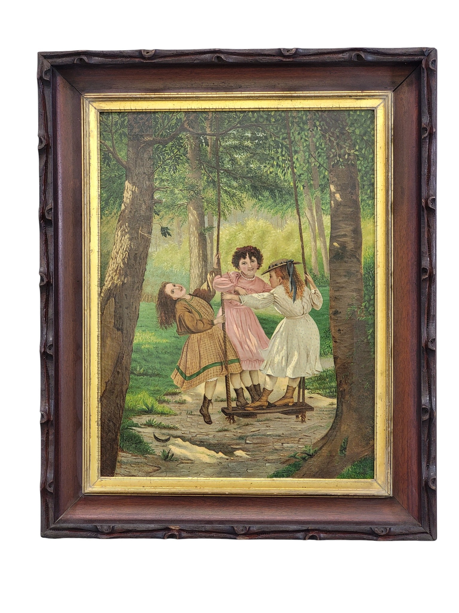 THREE GIRLS SWINGING: American, late 19th century, oil on canvas. Charming view of three well-dressed and laughing girls playing in the woods. In a good period frame. 24.25" high, 18" wide (sight); 32" high, 26.5" wide (ov