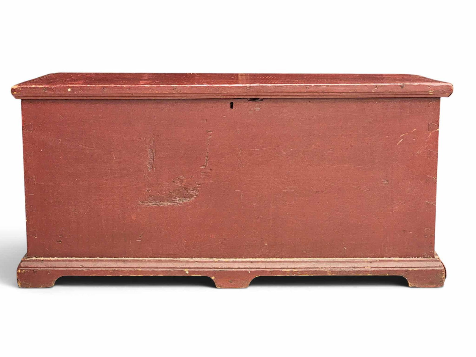 ZOAR, OHIO BLANKET CHEST: 3rd quarter-19th century, poplar. Dovetailed case and a bracket base, and retaining old/original red paint. 19" high, 39.5" wide, 18.5" deep. Provenance: an Ohio collection. NOTE: We are happy to answ
