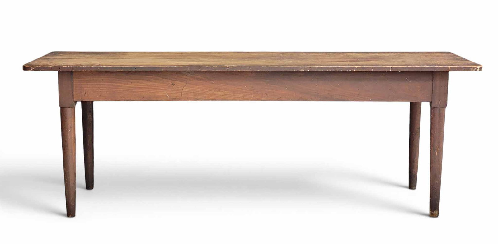ZOAR, OHIO TABLE: Signed for George Ackerman and dated February 9, 1901, poplar. Long work table with turned legs. 29" high, 30" wide, 84" long. This table was originally used in Ehler's Store in nearby Zoarville,