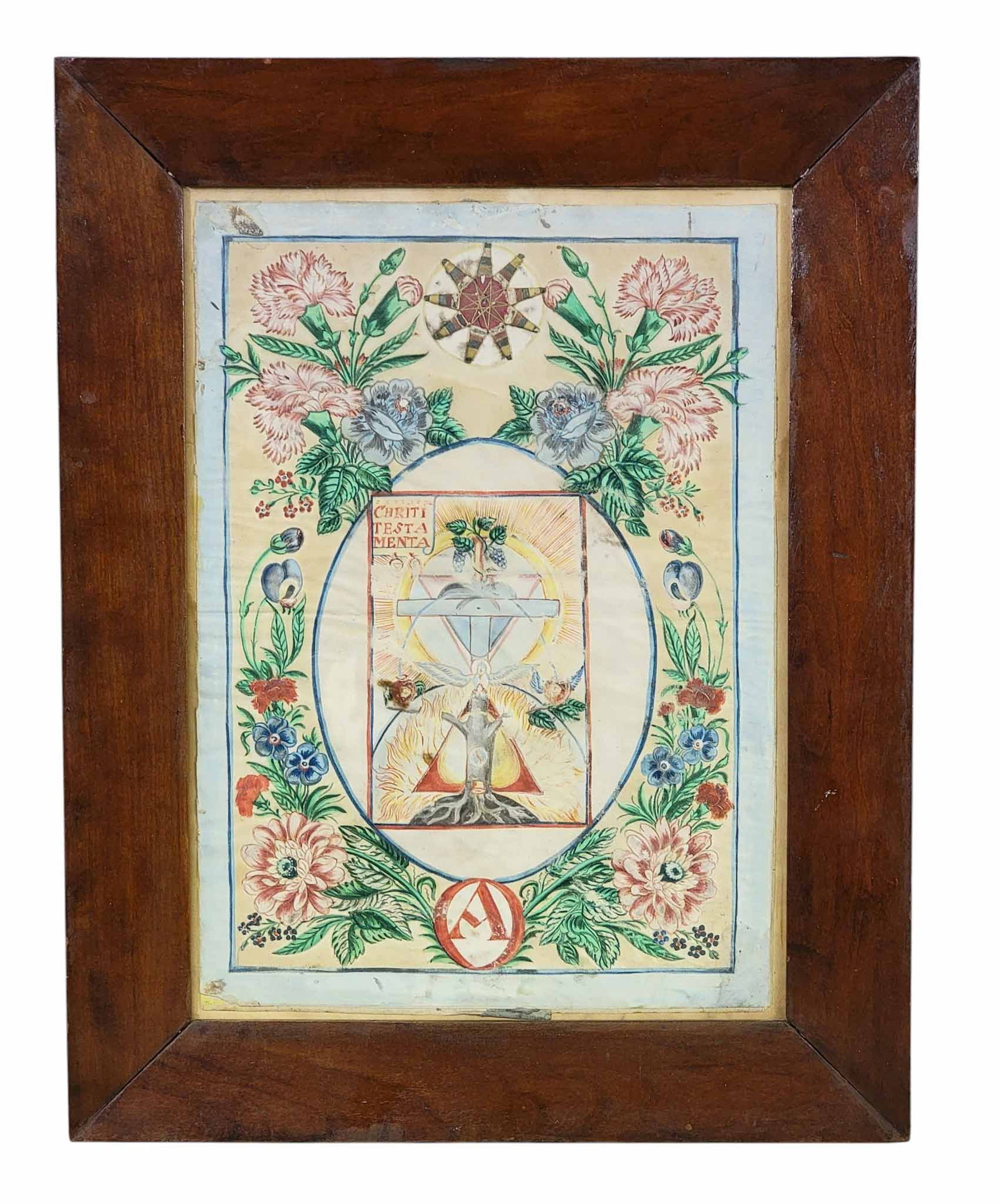 ZOAR, OHIO FRAKTUR: Watercolor on paper. Large, complex, and colorful fraktur with a cross at center, over an "A", surrounded by flowers and leaves, and with a cutout and thread-wrapped star at the top center. 14" high,