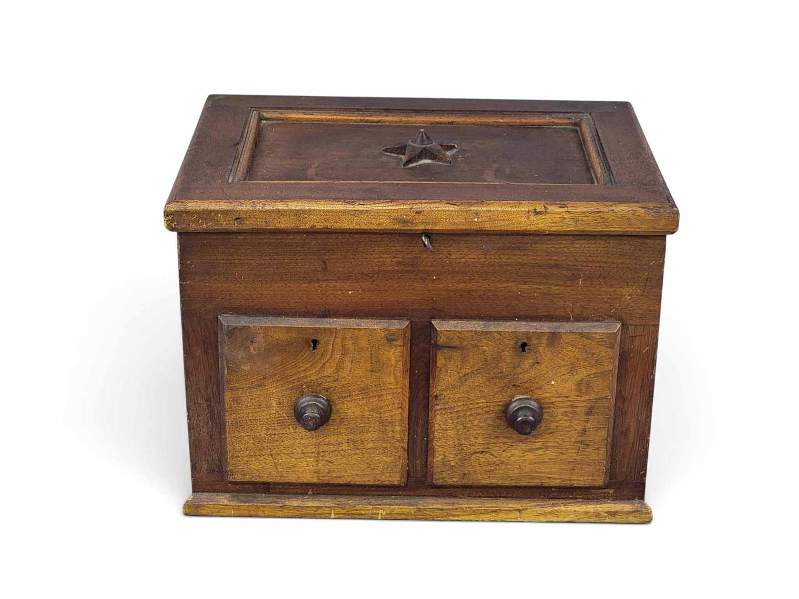 OHIO DOCUMENT OR VALUABLES BOX: Possibly Zoar, 19th century, walnut and poplar. Shallow, locking compartment over two square drawers, and the box with applied stars on the top and sides. 11" high, 15" wide, 11.5" deep. Provenance: a