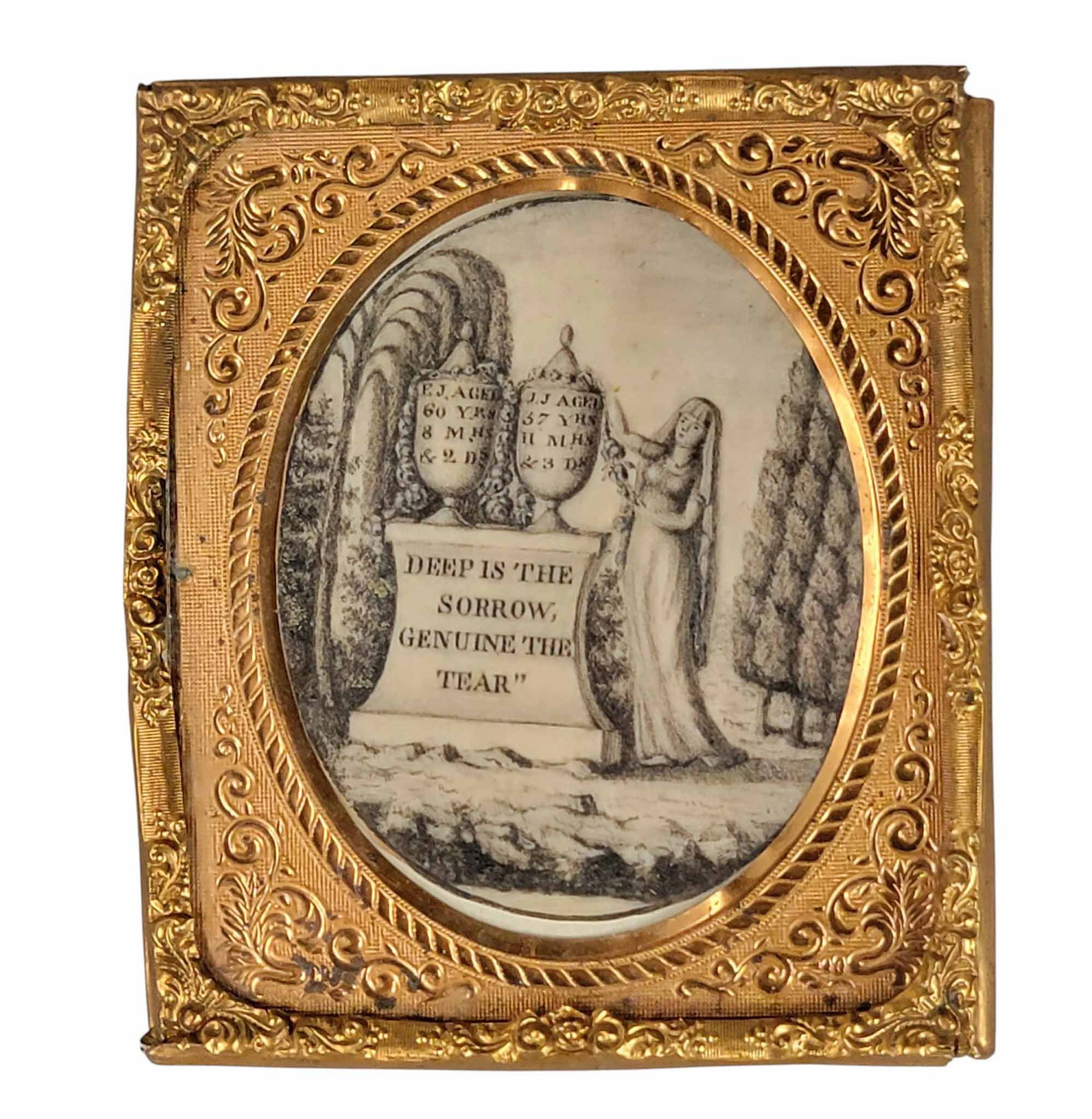 MINIATURE MEMORIAL ON IVORY: American, eary 19th century. Oval format, depiction of a mourning woman at a tomb inscribed "DEEP IS THE SORROW, GENUINE THE TEAR," with initials and ages on the urns, and with a willow tree in the