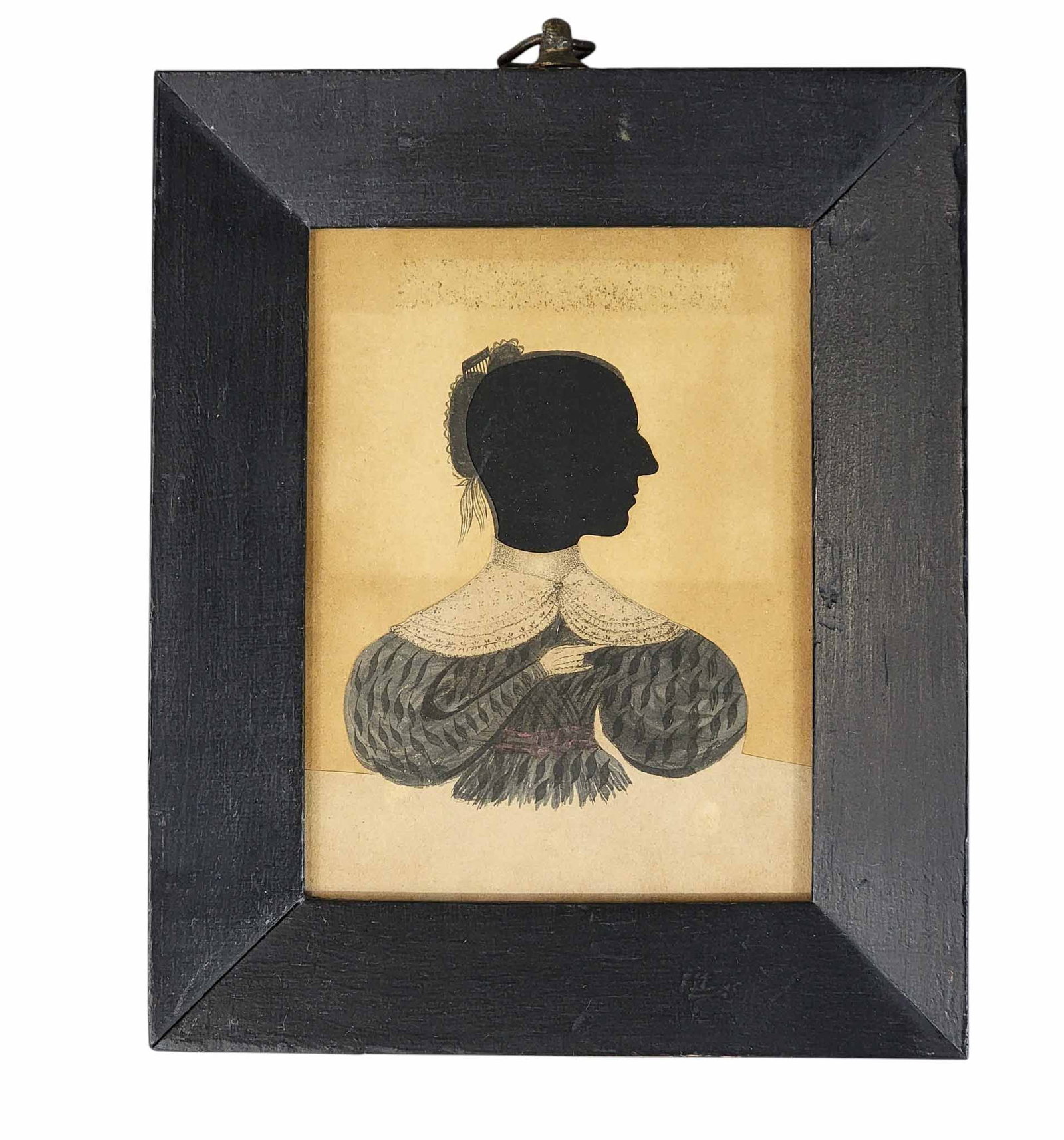 CONNECTICUT SILHOUETTE: 1830-1840, Hollow-cut silhouette of a lady, with inked hair and hair comb, and with a watercolor dress in patterned blue, with puffy sleaves and with a lace collar. In a period frame. 6" high, 5" wide