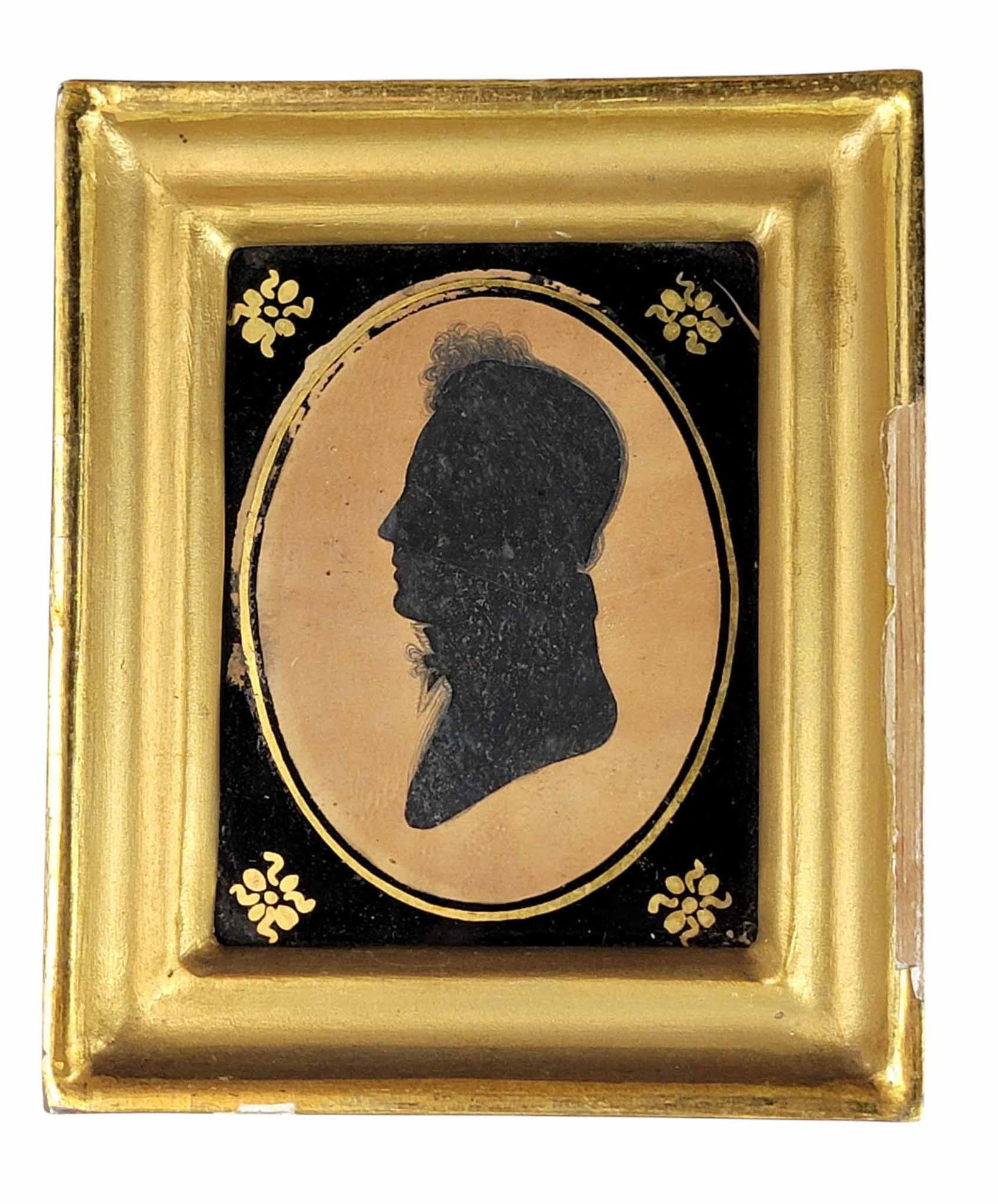 PEALE MUSEUM SILHOUETTE: Philadelphia or Baltimore, early 19th century. Stamped "MUSEUM" under the gentleman, who has inked hair and cravat. In a period frame with eglomise glass. 6.25" high, 5.25" wide (overall).
