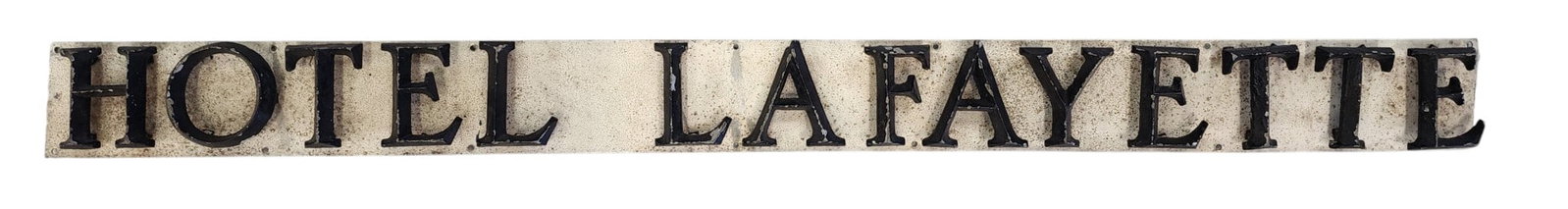 OHIO HOTEL SIGN: Marietta, Ohio, mid-20th century, metal. Raised black letters "HOTEL LAFAYETTE" against a white background. 4.5" high, 56" wide. Built in 1918 on the site of the Bellevue Hotel, which burned in 1916, 