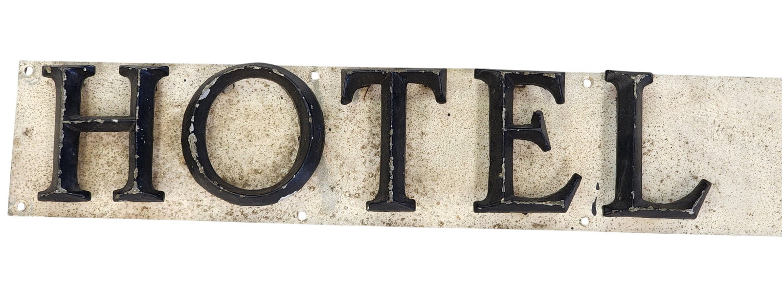 OHIO HOTEL SIGN: Marietta, Ohio, mid-20th century, metal. Raised black letters "HOTEL LAFAYETTE" against a white background. 4.5" high, 56" wide. Built in 1918 on the site of the Bellevue Hotel, which burned in 1916,