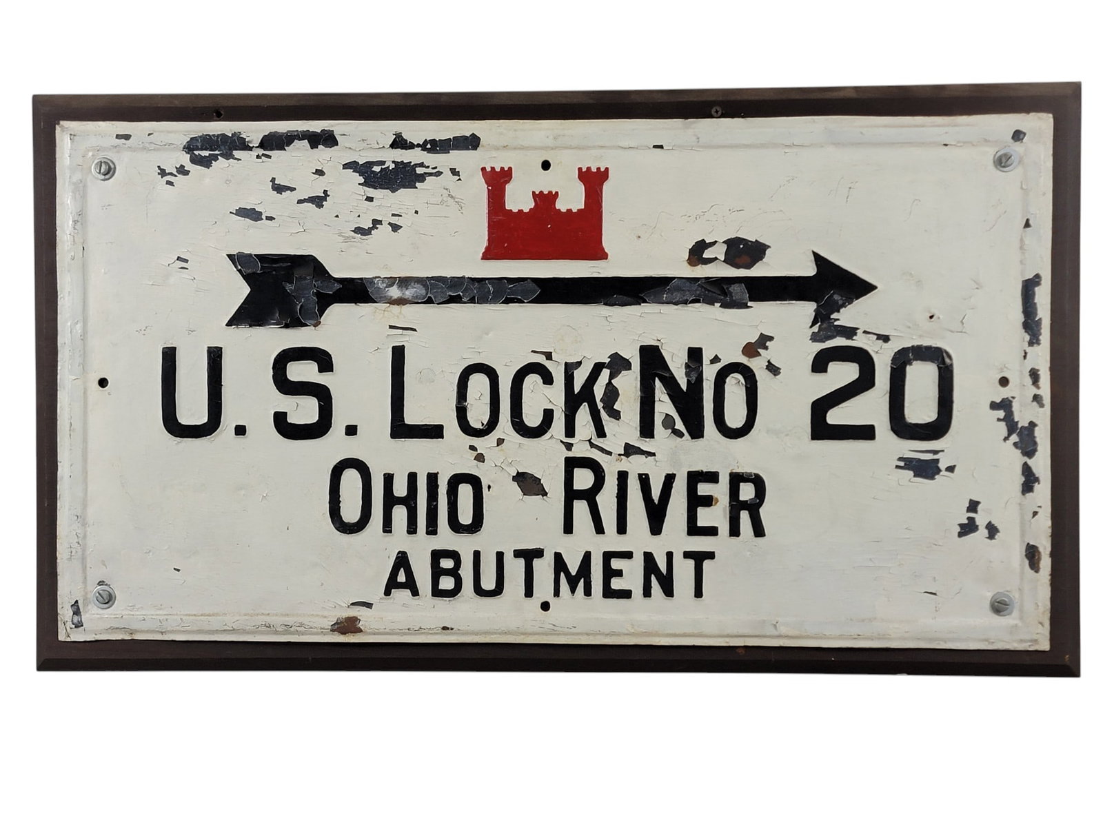 OHIO RIVER LOCK SIGN: 20th century. Stamped and painted metal sign: "U.S. LOCK NO 20 OHIO RIVER ABUTMENT." Mounted to a board, 19" high, 34" wide. Lock 20 is officially the Belleville Lock and Dam, located at Reedsville, M